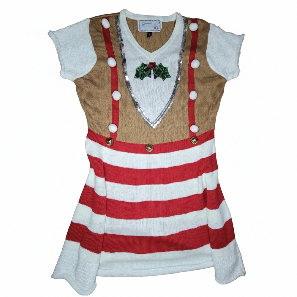 Ugly Christmas Sweater Dress Santa's Helper Elf Gingerbread Bells Sequin JR L